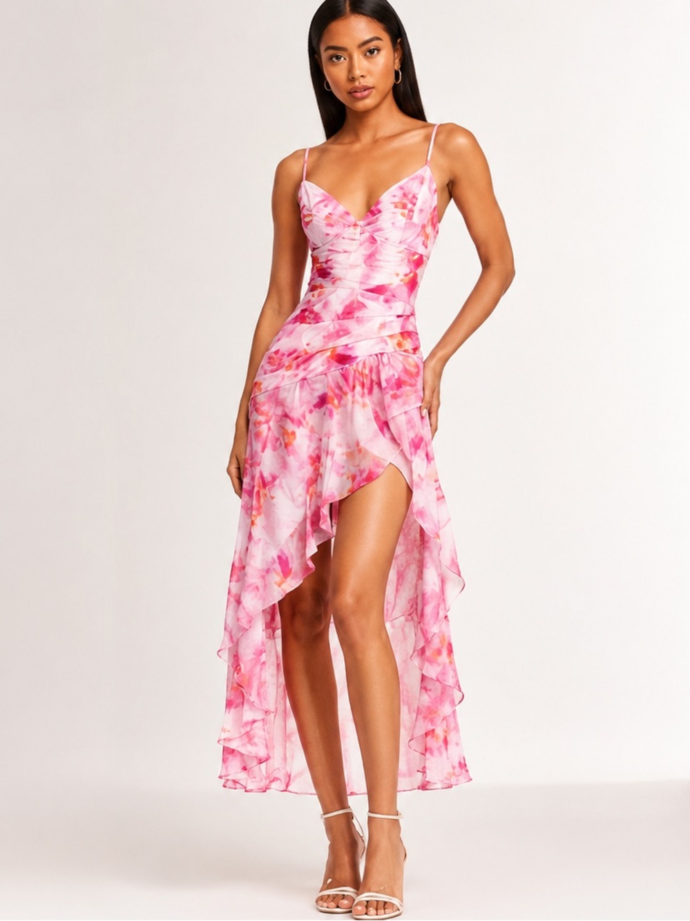 Bardot Sorella Pink Print High Slit Ruffle MIDI Dress Art to Wear Resort NEW
